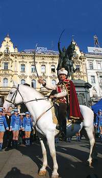 SLAVEN LETICA, RIGHTWING OPOSITION CANDIDATE, POSES ON HORSEBACK IN ZAGREB